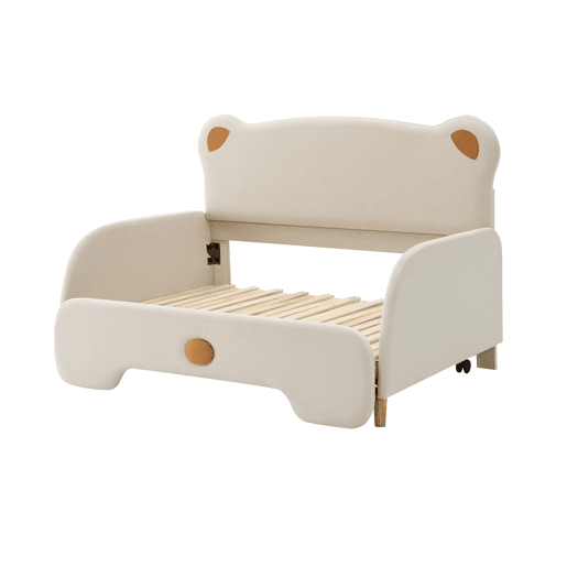 Cama infantil dupla 140x200 cm - design em forma de urso com borda acolchoada e estrado de madeira - Bege