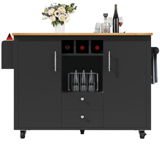 Ilha de cozinha 120x73x92 cm - Armário de cozinha, carrinho de cozinha com bancada rebatível, suporte para toalhas, prateleira para especiarias, prateleira para portas, prateleira para vinho e prateleiras ajustáveis - Preto