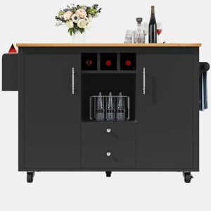 Ilha de cozinha 120x73x92 cm - Armário de cozinha, carrinho de cozinha com bancada rebatível, suporte para toalhas, prateleira para especiarias, prateleira para portas, prateleira para vinho e prateleiras ajustáveis - Preto