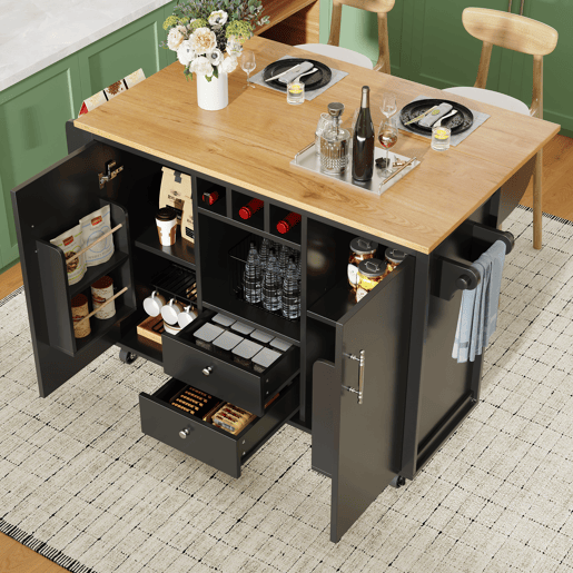 Ilha de cozinha 120x73x92 cm - Armário de cozinha, carrinho de cozinha com bancada rebatível, suporte para toalhas, prateleira para especiarias, prateleira para portas, prateleira para vinho e prateleiras ajustáveis - Preto