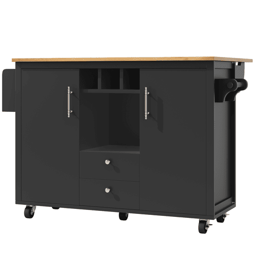 Ilha de cozinha 120x73x92 cm - Armário de cozinha, carrinho de cozinha com bancada rebatível, suporte para toalhas, prateleira para especiarias, prateleira para portas, prateleira para vinho e prateleiras ajustáveis - Preto