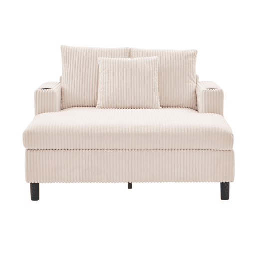 Poltrona chaise longue grande - macia com porta-copos laterais, portas USB, iluminação LED integrada - Bege