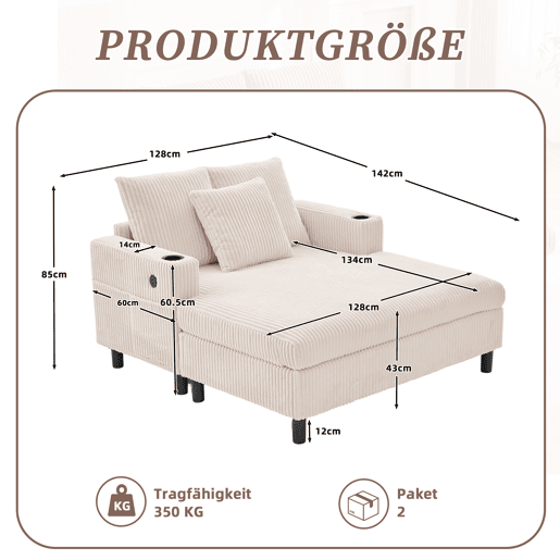 Poltrona chaise longue grande - macia com porta-copos laterais, portas USB, iluminação LED integrada - Bege