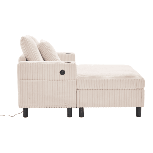 Poltrona chaise longue grande - macia com porta-copos laterais, portas USB, iluminação LED integrada - Bege