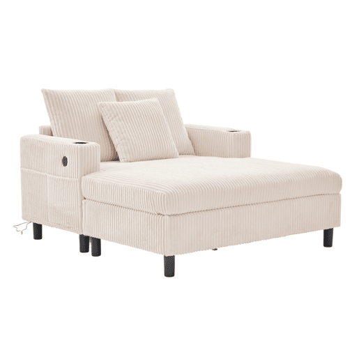 Poltrona chaise longue grande - macia com porta-copos laterais, portas USB, iluminação LED integrada - Bege