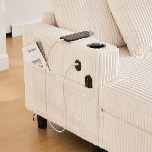 Poltrona chaise longue grande - macia com porta-copos laterais, portas USB, iluminação LED integrada - Bege