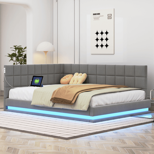 Sofá-cama 140*200 - Multifuncional com faixa LED, tomada USB e estrado de latão - Cinza