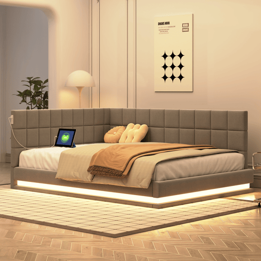 Sofá-cama 140*200 - Multifuncional com faixa LED, tomada USB e estrado de latão - Cinza