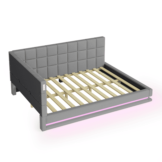 Sofá-cama 140*200 - Multifuncional com faixa LED, tomada USB e estrado de latão - Cinza