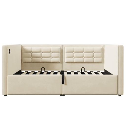 Sofá-cama 90x200 cm - Sofá-cama individual com armazenamento hidráulico e estação de carregamento USB e Type-C, cama de hóspedes com estrado de ripas de madeira - Bege