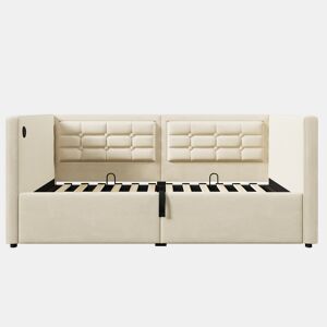 Sofá-cama 90x200 cm - Sofá-cama individual com armazenamento hidráulico e estação de carregamento USB e Type-C, cama de hóspedes com estrado de ripas de madeira - Bege