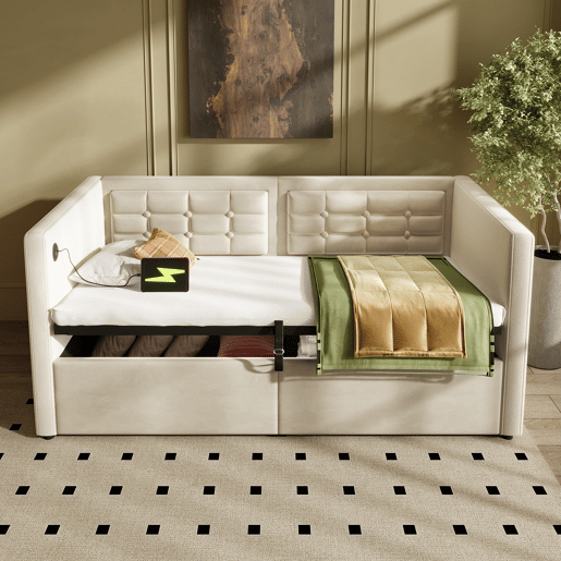 Sofá-cama 90x200 cm - Sofá-cama individual com armazenamento hidráulico e estação de carregamento USB e Type-C, cama de hóspedes com estrado de ripas de madeira - Bege