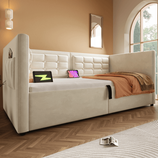 Sofá-cama 90x200 cm - Sofá-cama individual com armazenamento hidráulico e estação de carregamento USB e Type-C, cama de hóspedes com estrado de ripas de madeira - Bege