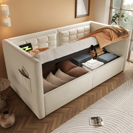 Sofá-cama 90x200 cm - Sofá-cama individual com armazenamento hidráulico e estação de carregamento USB e Type-C, cama de hóspedes com estrado de ripas de madeira - Bege