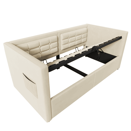 Sofá-cama 90x200 cm - Sofá-cama individual com armazenamento hidráulico e estação de carregamento USB e Type-C, cama de hóspedes com estrado de ripas de madeira - Bege