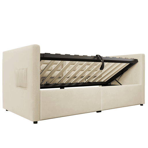 Sofá-cama 90x200 cm - Sofá-cama individual com armazenamento hidráulico e estação de carregamento USB e Type-C, cama de hóspedes com estrado de ripas de madeira - Bege