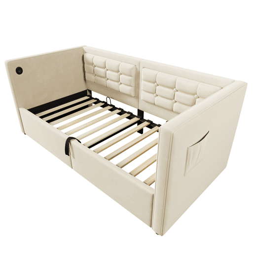 Sofá-cama 90x200 cm - Sofá-cama individual com armazenamento hidráulico e estação de carregamento USB e Type-C, cama de hóspedes com estrado de ripas de madeira - Bege