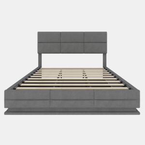 Cama estofada 180x200 cm - Com cabeceira ajustável, portas USBType-C, iluminação LED ambiente, sistema de elevação hidráulico e armazenamento XXL - Cinza