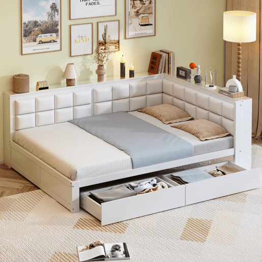 Sofá-cama em madeira 140 x 200 cm - cama multifuncional com encosto acolchoado e gaveta grande para arrumação - pinho branco