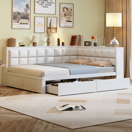 Sofá-cama em madeira 140 x 200 cm - cama multifuncional com encosto acolchoado e gaveta grande para arrumação - pinho branco