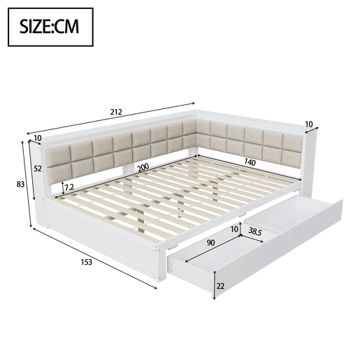 Sofá-cama em madeira 140 x 200 cm - cama multifuncional com encosto acolchoado e gaveta grande para arrumação - pinho branco