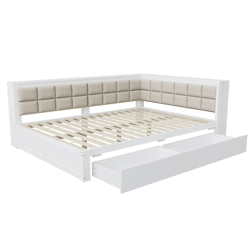Sofá-cama em madeira 140 x 200 cm - cama multifuncional com encosto acolchoado e gaveta grande para arrumação - pinho branco
