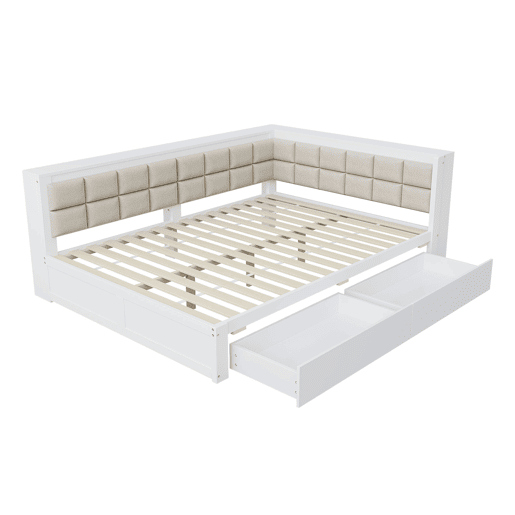 Sofá-cama em madeira 140 x 200 cm - cama multifuncional com encosto acolchoado e gaveta grande para arrumação - pinho branco
