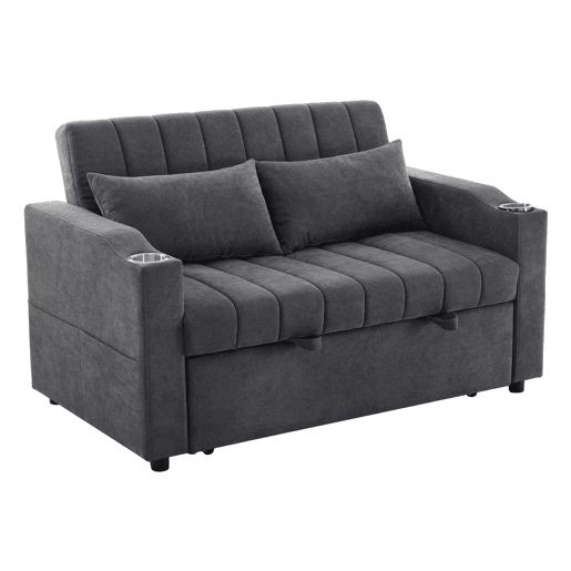 Sofá multifuncional moderno de 2 lugares - Sofá-cama com encosto ajustável, porta-copos e almofadas - Cinza