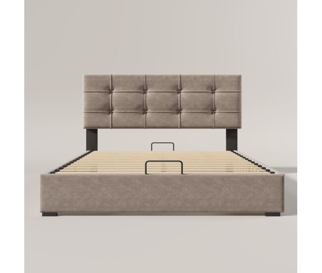 Cama tapizada 140x200cm - cabecero ajustable, cama con somier de lamas y marco de metal, terciopelo, estructura moderna con almacenamiento - gris