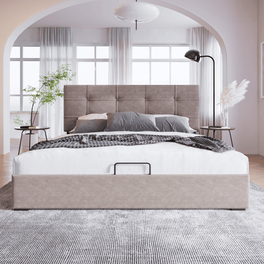 Cama estofada 140x200 cm - Cabeceira ajustável, cama com estrado de ripas e estrutura metálica, veludo, estrutura moderna com arrumação - Cinza claro