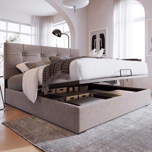Cama estofada 140x200 cm - Cabeceira ajustável, cama com estrado de ripas e estrutura metálica, veludo, estrutura moderna com arrumação - Cinza claro