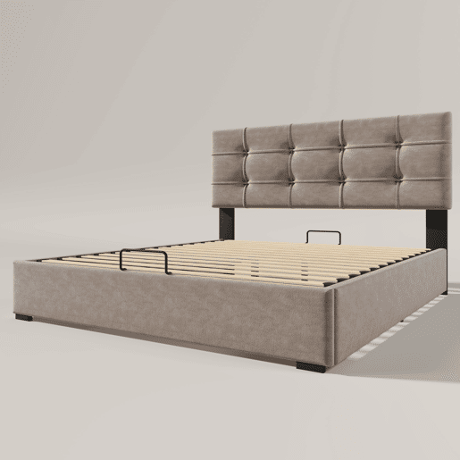 Cama estofada 140x200 cm - Cabeceira ajustável, cama com estrado de ripas e estrutura metálica, veludo, estrutura moderna com arrumação - Cinza claro