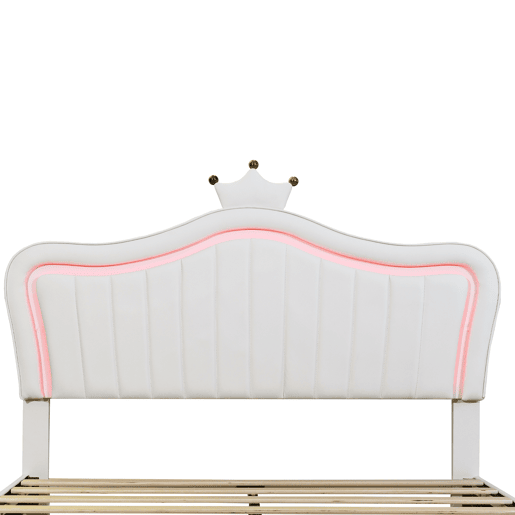 Cama infantil 140x200 cm - Cama individual com design de coroa para meninas, PU, com arrumação, luzes LED, estrado e encosto - Branco