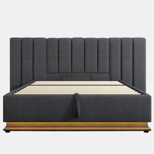 Cama estofada 160x200 - cama de casal com arrumação, controlo LED por aplicação e USB-C, estrutura com base de madeira - Cinza