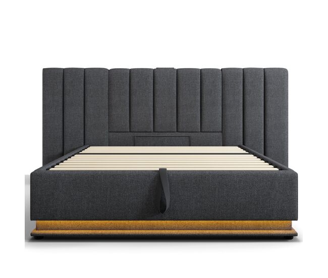 Cama tapizada 160x200 - cama doble con almacenamiento, led control por app y usb-c, estructura con somier - gris