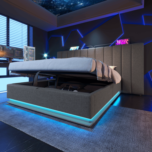 Cama estofada 160x200 - cama de casal com arrumação, controlo LED por aplicação e USB-C, estrutura com base de madeira - Cinza