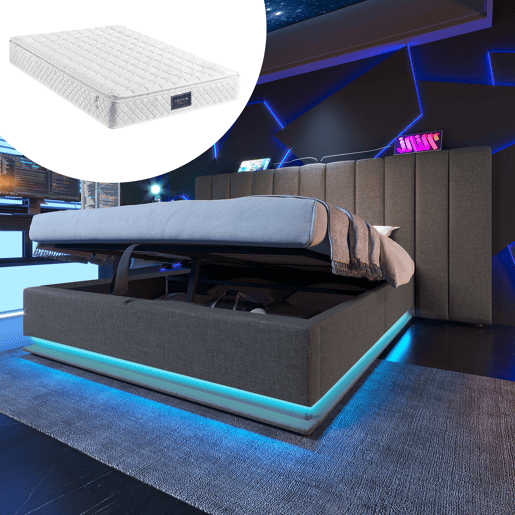 Cama estofada 160x200 - cama de casal com arrumação, controlo LED por aplicação e USB-C, estrutura com base de madeira - Cinza