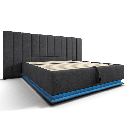 Cama estofada 160x200 - cama de casal com arrumação, controlo LED por aplicação e USB-C, estrutura com base de madeira - Cinza