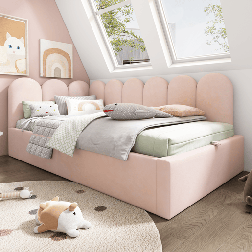 Cama divã 90x190 cm - Cama de dia com arrumação hidráulica, estrado de metal, veludo - Rosa