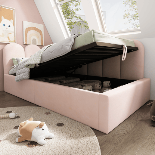 Cama divã 90x190 cm - Cama de dia com arrumação hidráulica, estrado de metal, veludo - Rosa