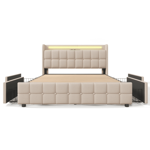 Cama estofada 180x200 cm - Função de carregamento USB, cabeceira com iluminação LED e 4 gavetas - Bege