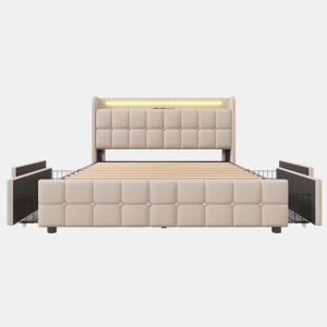 Cama estofada 180x200 cm - Função de carregamento USB, cabeceira com iluminação LED e 4 gavetas - Bege
