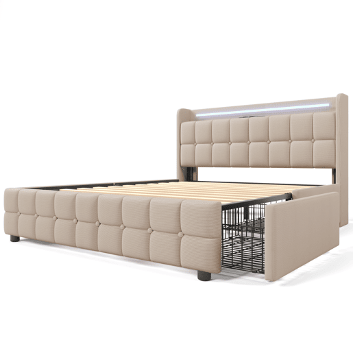 Cama estofada 180x200 cm - Função de carregamento USB, cabeceira com iluminação LED e 4 gavetas - Bege