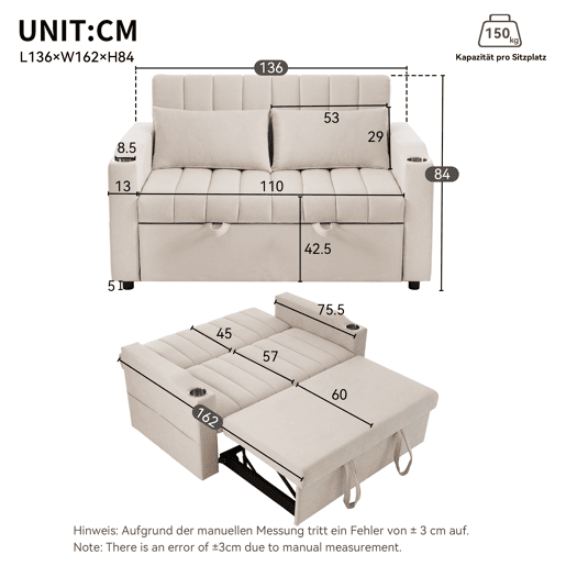 Sofá multifuncional moderno - Sofá-cama com função de descanso, encosto ajustável, com porta-copos e almofadas - Bege
