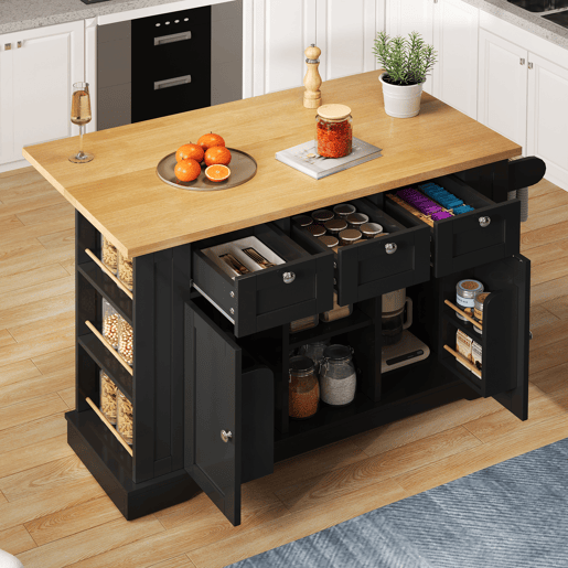 Mesa de cozinha móvel 132 cm - Estilo rústico, superfície dobrável, armário multifuncional, gaveta, prateleira para especiarias, toalheiro, 5 rodas, tomada integrada - Natural+Preto