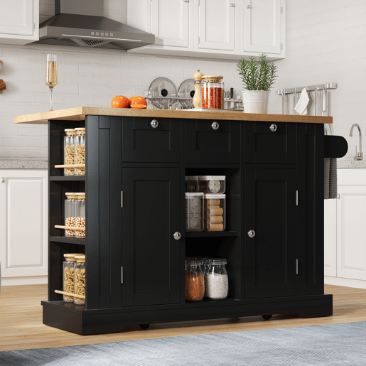Mesa de cozinha móvel 132 cm - Estilo rústico, superfície dobrável, armário multifuncional, gaveta, prateleira para especiarias, toalheiro, 5 rodas, tomada integrada - Natural+Preto