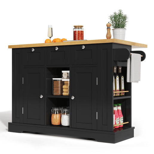 Mesa de cozinha móvel 132 cm - Estilo rústico, superfície dobrável, armário multifuncional, gaveta, prateleira para especiarias, toalheiro, 5 rodas, tomada integrada - Natural+Preto
