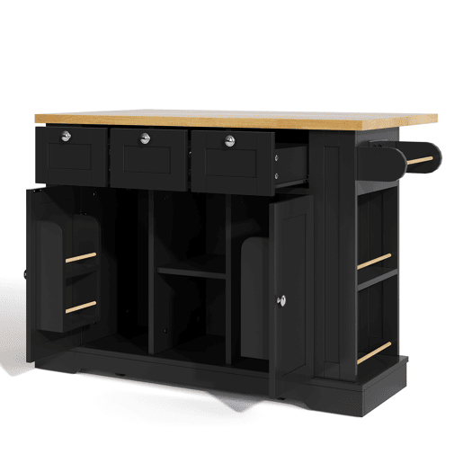 Mesa de cozinha móvel 132 cm - Estilo rústico, superfície dobrável, armário multifuncional, gaveta, prateleira para especiarias, toalheiro, 5 rodas, tomada integrada - Natural+Preto