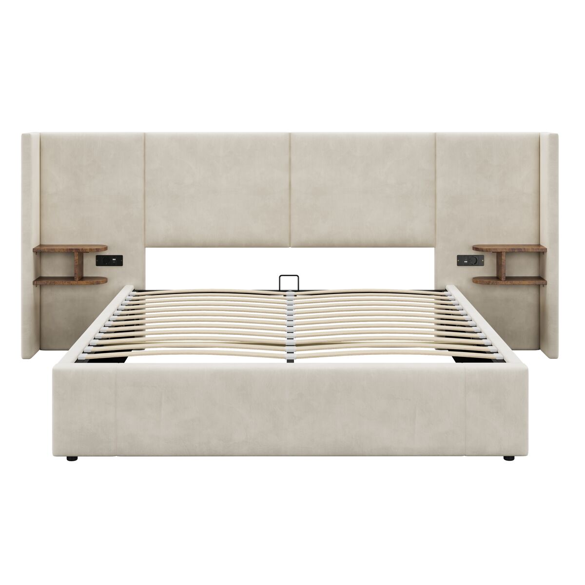 Cama tapizada 160x200 cm - hidráulica con usb y enchufes, dos mesitas con almacenamiento, somier de madera, montaje fácil - beige