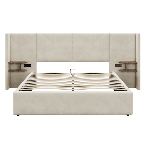 Cama estofada 160x200 cm - hidráulica com USB e tomadas, duas mesinhas com arrumação, estrado de madeira, fácil montagem - Bege